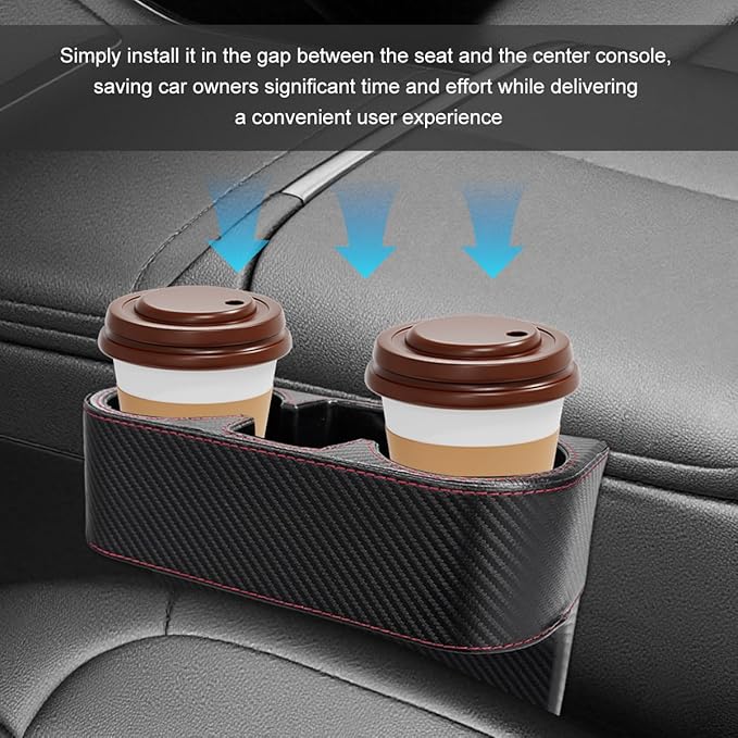 Car Seat Gap Filler Organizer, Multifunctional Auto Console Side Storage Box with Cup Holder, Universal PU Leather Cup Holder Front Seat Crevice Filler for Car Truck SUV (Carbon Fiber Black)