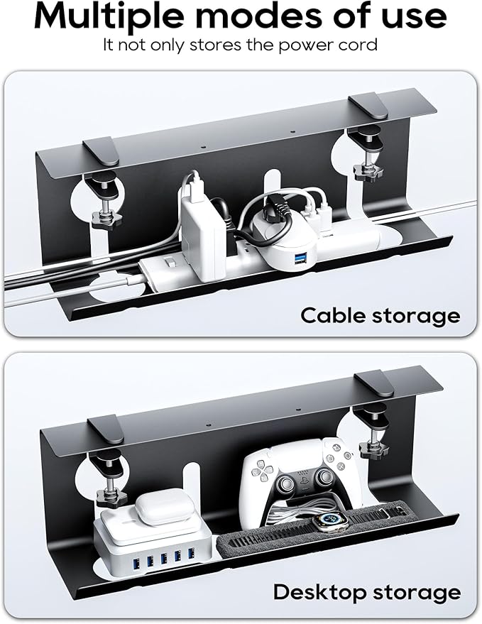 NODOCA No Drill Under Desk Cable Management Tray, 17'' Wire Management, Punch-Free Clamp on, Metal Cable Tray, Wire Organizer