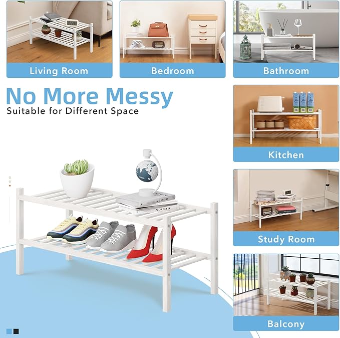 2 Tier Bamboo Shoe Rack Storage Organizer for Closet, Multifunctional Stackable Free Standing Shoe Shelf Organizer for Small 