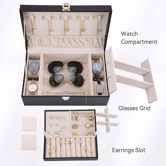 LANDICI Jewelry Box Organizer for Men Women, 2 Layer 4 Slot Watch Storage Case with Removable Tray, PU Leather Large Jeweller