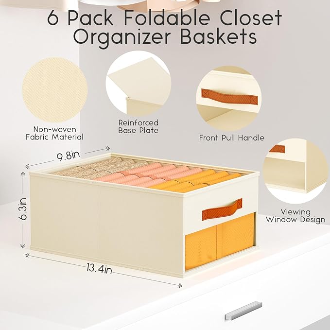 Homsorout Drawer Organizers and Storage - 6 Pack Foldable Pants Organizer with Clear Window & Handles, Fabric Closet Organize
