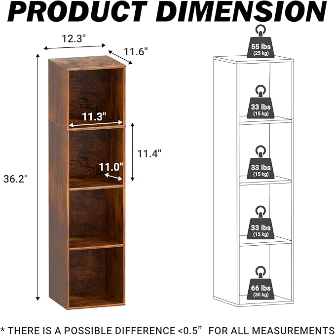 Cube Storage Organizer, 4 Cube Retro Bookshelf, Freestanding 4 Tier Open Shelf, Rustic Brown Retro Shelves for Home Office, B