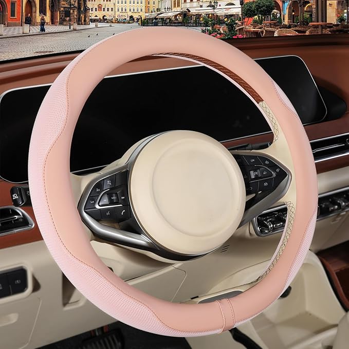 Nappa Leather Pink Steering Wheel Cover, Advanced Microfiber Leather Non-Slip Breathable Fabric, Warm in Winter and Cool in S