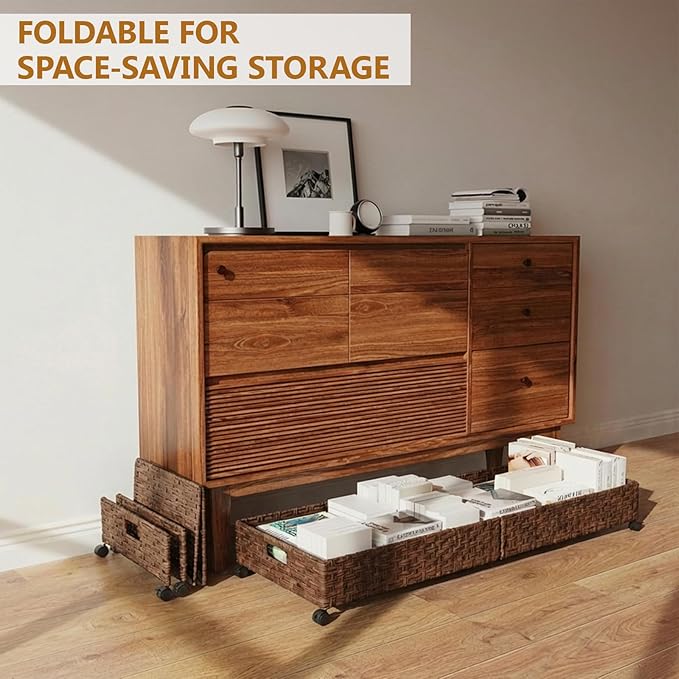 Under Bed Storage with Wheels, 40L Large Rolling Underbed Shoes Storage Boxs, Handwoven Rattan Under Bed Storage Organizer Dr