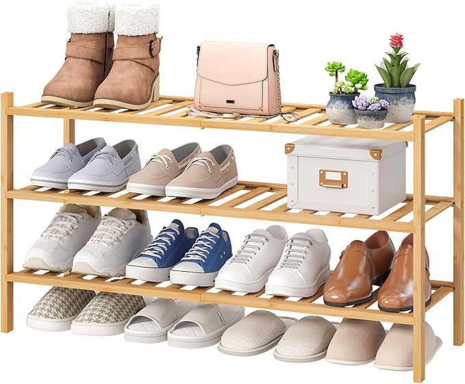 viewcare 3-Tier Long Shoe Rack, Bamboo Wood Shoe Rack for Closet, Entryway & Hallway, Stackable | Beautiful | Functional | St