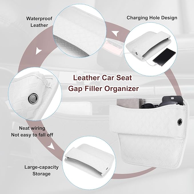 HARFINGTON Car Seat Gap Filler Organizer 11.5 x 8 x 2.1 Inch Leather Universal Car Organizer Storage Box Between Seat and Console for Phone Sunglasses Keys, White