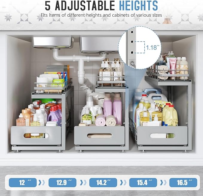 Under Sink Organizer Upgrade To Professional Rails,2-Tier Dual Pull Out Cabinet Storage,Height Adjustable Slide Out Drawers F