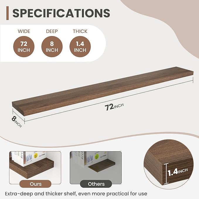 72 Inch Floating Shelves, 8 Inch Deep Floating Shelves for Wall, Hanging Shelf with Invisible Brackets, Deep Shelves for Bath