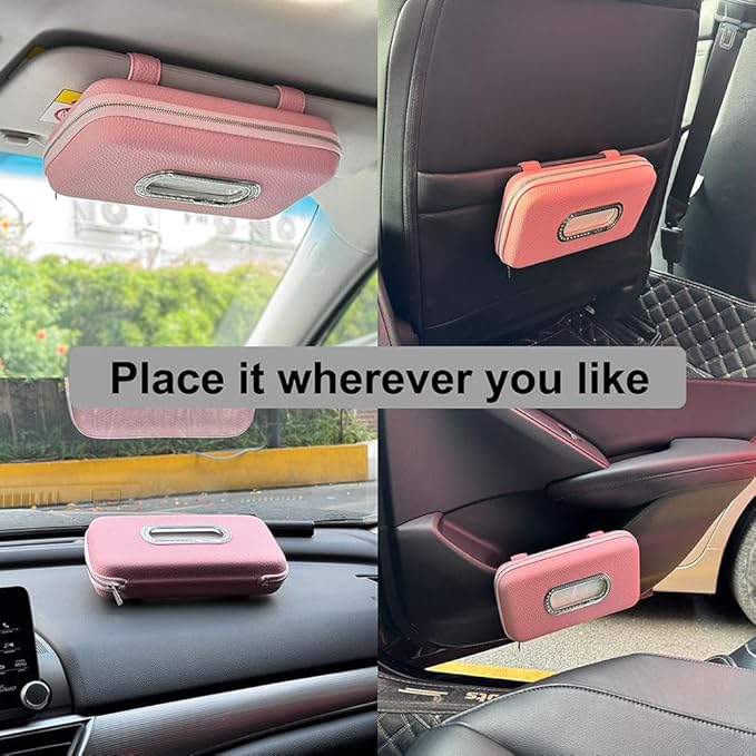 Car Tissue Holder, Sun Visor Napkin Holder, Luxury PU Leather Backseat Tissue Case Holder (Pink)