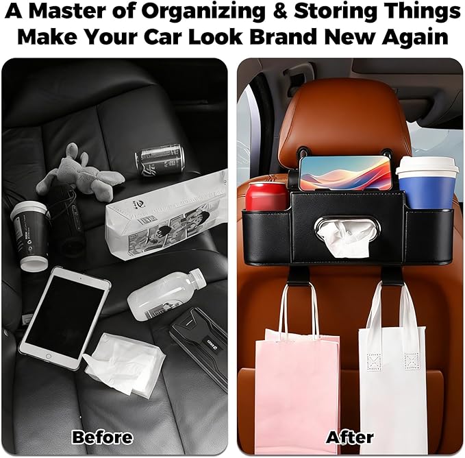 4-in-1 Car Organizer Back Seat,Upgraded Multifunctional Back Seat Car Organizer,Partition Design,Multi-Hanging Storage Box with 2 Cup Holders,Tissue Box, for Hold Mobile Phone(Black)