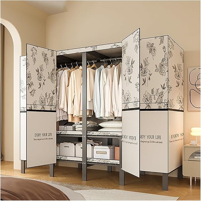 Portable Foldable Wardrobe Closet with Cover, Metal Garment Rack for Clothes Storage, Space-Saving Organizer for Bedroom, 151