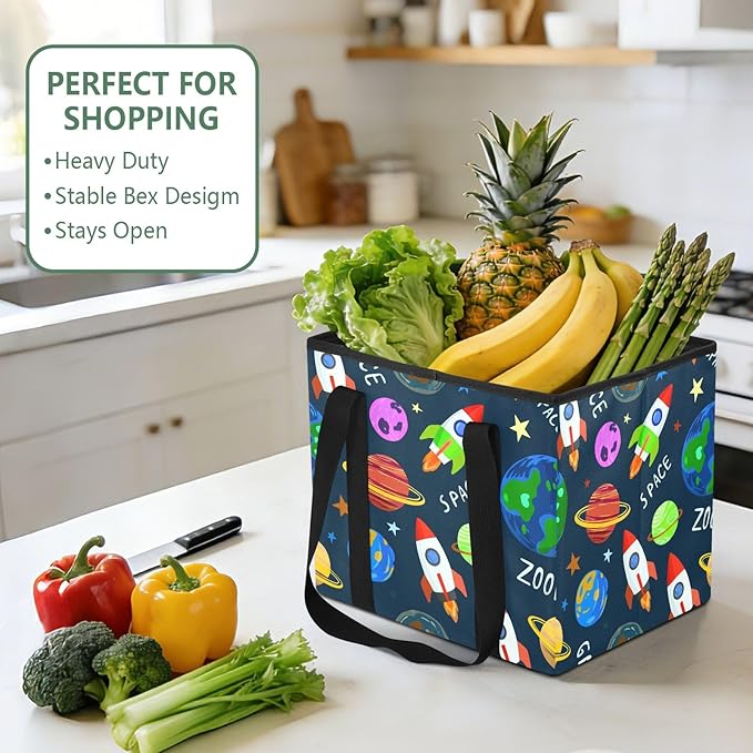 Colorful Planets Reusable Grocery Bags Large Shopping Tote Bag with Reinforced Bottom Board, Water Resistant Foldable Storage