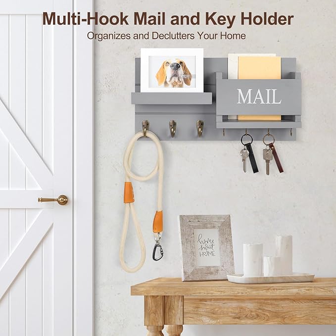 Lwenki Mail Organizer for Wall Mount – Key Holder with Shelf Includes Letter Holder and Hooks for Hallway Farmhouse Decor – R