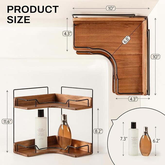 2-Tier Bathroom Counter Organizer, Wooden Corner Shelf for Vanity Countertop Skincare & Makeup, Storage and Organization for 