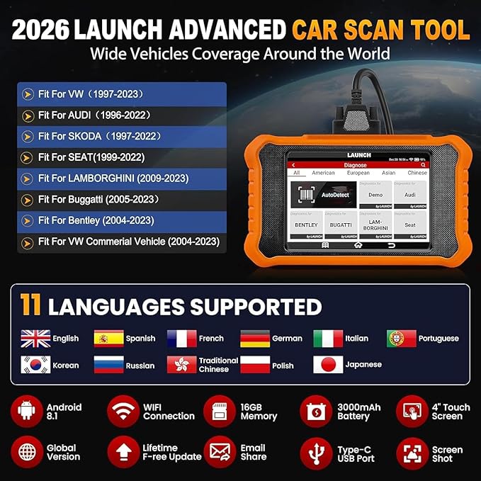 2026 LAUNCH Creader Elite V2.0 OBD2 Scanner for VW Audi Skoda Seat, Full Systems Bi-Directional Scan Tool for VAG Vehicles,