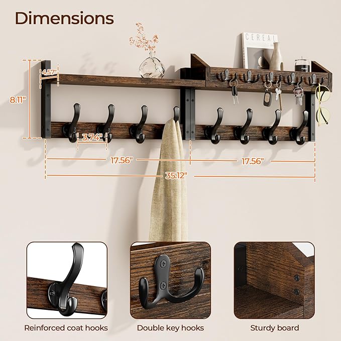 Evermagin 35" Coat Rack Wall Mount with Shelf, 4 in 1 Coat and Key Hanger with 13 Metal Hooks, Entryway Wall Mounted Shelf wi