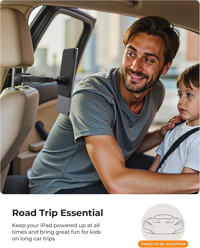 KU XIU Magnetic Wireless Charging Car Headrest Tablet Holder for iPad Pro 13'' M4/M5 Only, Tablet Car Back Seat Mount for Kids, Road Trip Essentials Trave Holder with Air Vent Stand, 2M USB-C Cable