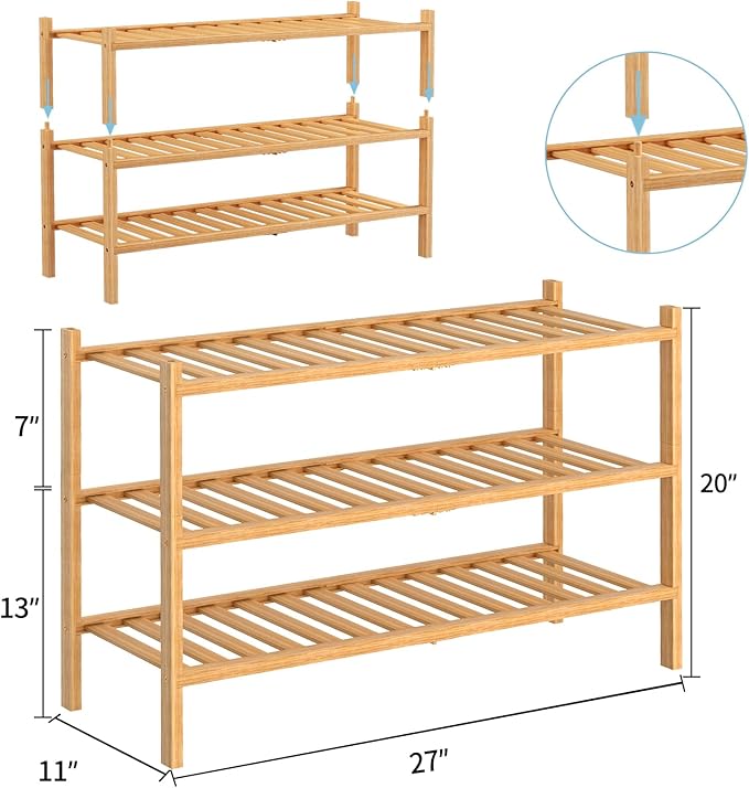 RONGJlA 3 Tier Bamboo Shoe Rack for Closet Free Standing Wood Shoe Shelf Storage Organizer for Entryway Small Space Stackable