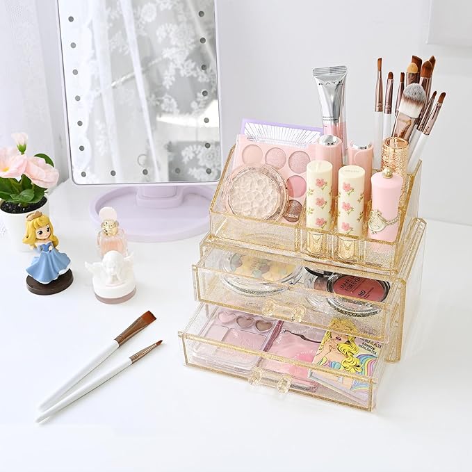 Ikee Design Acrylic Makeup Organizer with 2 Drawers Removable Top Lipstick Holders, Cosmetics Organizer for Skincare, Accesso