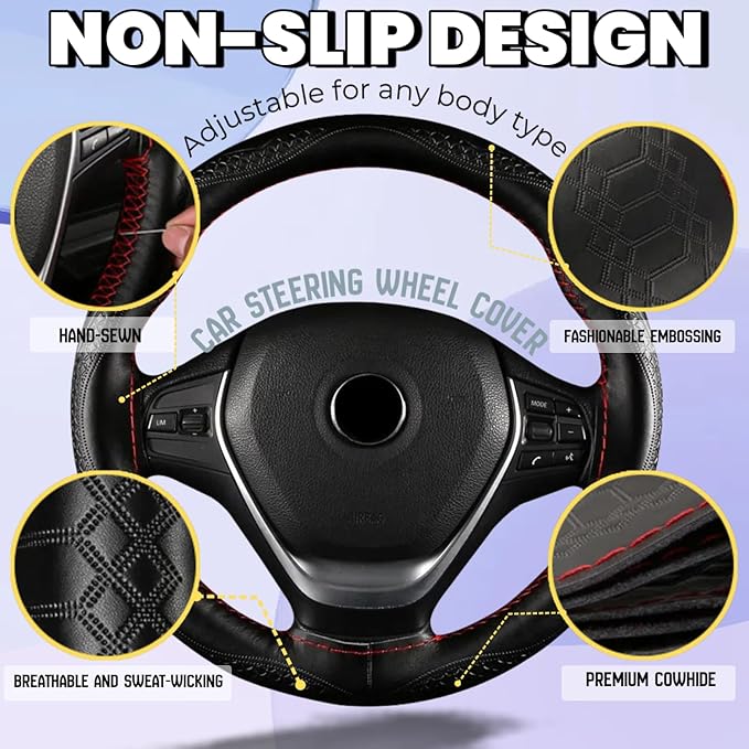 DEEYOTA Car Steering Wheel Cover Universal Fit Round Stitch Steering Wheel Wrap Thin PU Leather Steering Wheel Cover Sewn on 