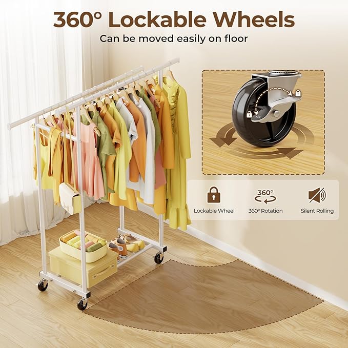 HYSEYY Double Rods Clothes Rack, Rolling Clothing Rack for Hanging Clothes Portable Wardrobe Rack, Metal Garment Rack Sturdy 