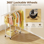 HYSEYY Double Rods Clothes Rack, Rolling Clothing Rack for Hanging Clothes Portable Wardrobe Rack, Metal Garment Rack Sturdy 