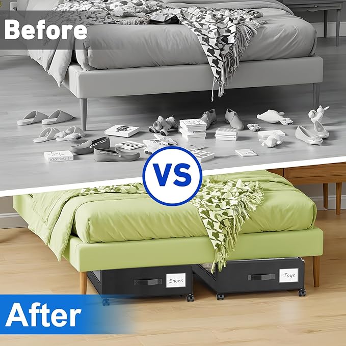 Beborxue Under Bed Storage with Wheels, 4-Pack UnderBed Storage Containers with Clear Lids, XXL 60L Under the Bed Storage Org