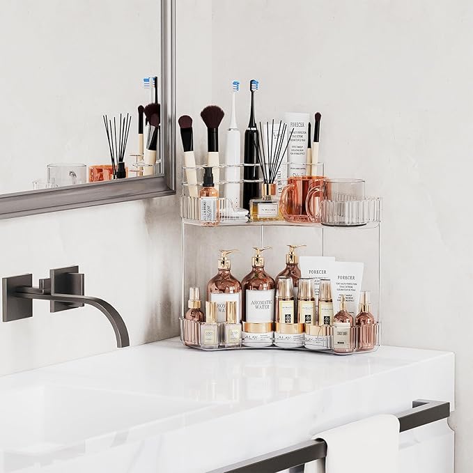 Asayuee 2-Tier Corner Bathroom Counter Organizer with Top Toothbrush Holders,Large Makeup Organizer Countertop with Brush Hol
