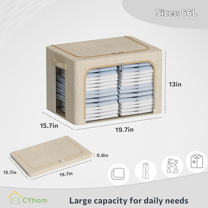 CYhom Clothes Storage Bins Box - Linen Fabric Foldable Stackable Container Organizer Set with Clear Window & Carry Handles & 