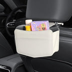 Car Trash Can Small Leather Vehicle Trash Bin Car Dustbin Garbage Organizer Holder with Trash Bag Foldable Mini Cars Storage Bag Container for Auto SUV Van Trucks (White,Hanging Hook)