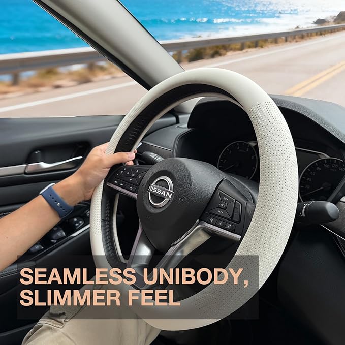 PINCTROT D Shaped Nappa Leather Steering Wheel Cover, Slim Fit No Bulk Design, One Piece Leather with Breathable Perforation,