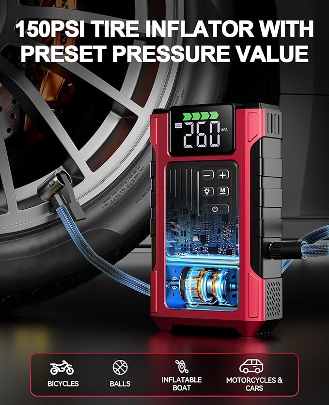 4500A Car Jump Starter with Air Compressor, Portable Battery Charger Jumpstart 12V Vehicle, Power Pack with 150PSI Tire