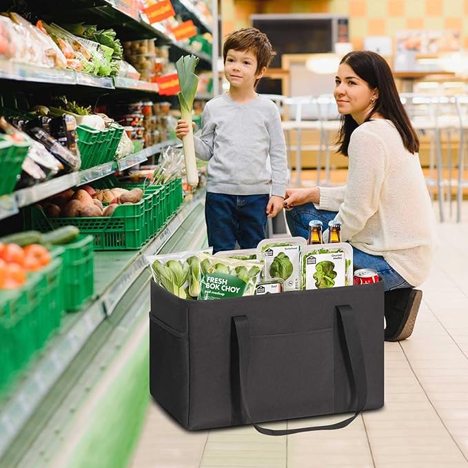 LHZK Standing Utility Tote Bag with Metal Wire Frame and the Sides Rinforced, Large Tote Bag with Handle, Reusable Grocery