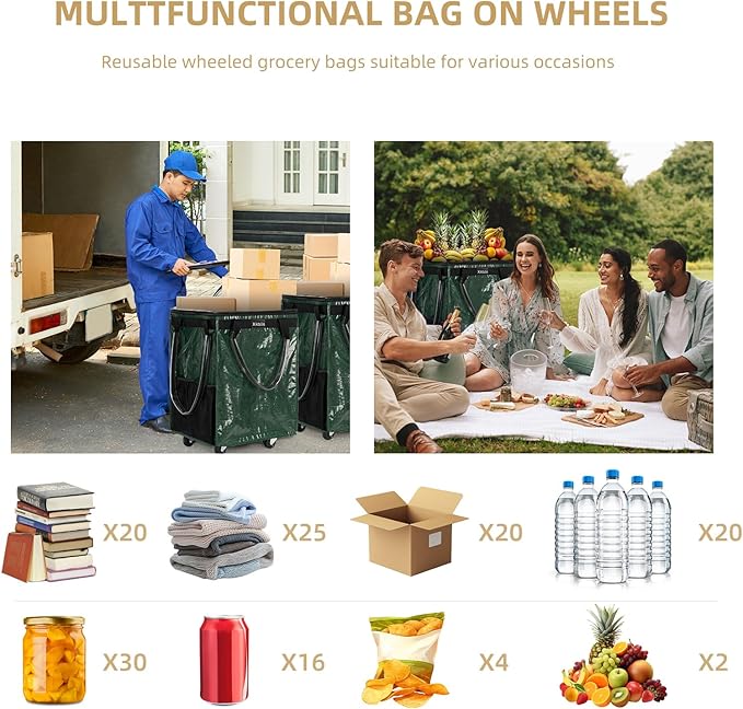 (Medium, Green) Reusable Grocery Bag on 4 Wheels, Foldable Rolling Tote Carries Up to 66lb Shopping Trolley, Rolling Bag with 3 Handles, Zipper Clouser Rolling Tote Bag with Wheels for Laundry