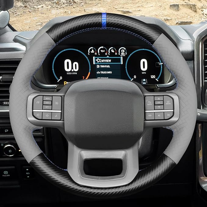 MEWANT Matte PU Carbon Fiber Grey Embossed Faux Leather Steering Wheel Wrap for Ford F150 Lightning F350 2024 Expedition