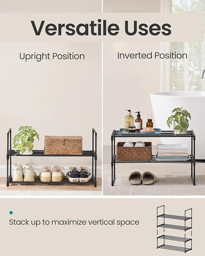SONGMICS Shoe Rack, 2-Tier Shoe Organizer, Metal Storage Shelf, Upright or Upside Down, for 6-9 Pairs, Stackable, for Entrywa