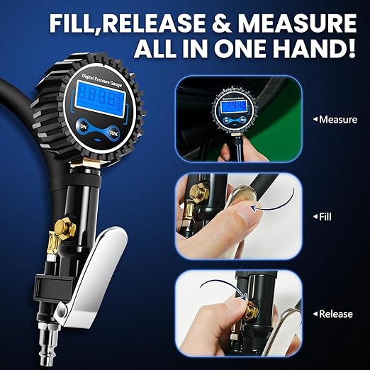 Digital Tire Gauge with Inflator & Deflator - LED Display & 0.1 PSI Resolution - Quick Release Valve & Heavy Duty Chuck - w/Adapter for Car, Truck, SUV, Motorcycle, RV, Balls