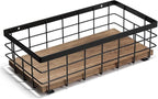 TJ.MOREE Small Metal Wire Basket, Decorative Wood Base Organizer for Bathroom, Kitchen, Basket for Toilet Paper Storage, Suga