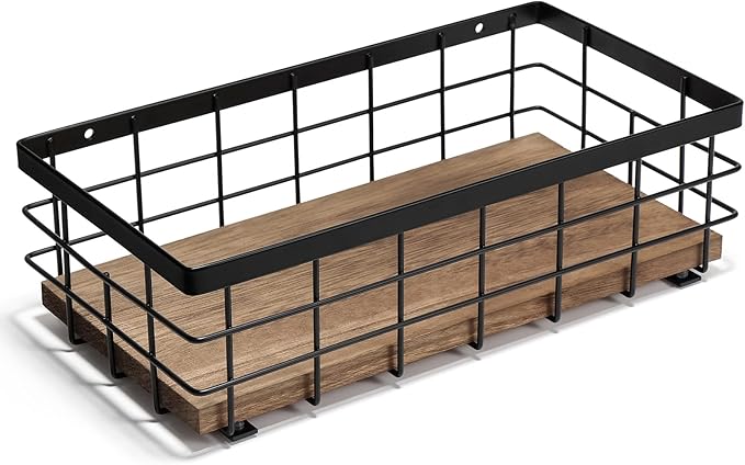 TJ.MOREE Small Metal Wire Basket, Decorative Wood Base Organizer for Bathroom, Kitchen, Basket for Toilet Paper Storage, Suga