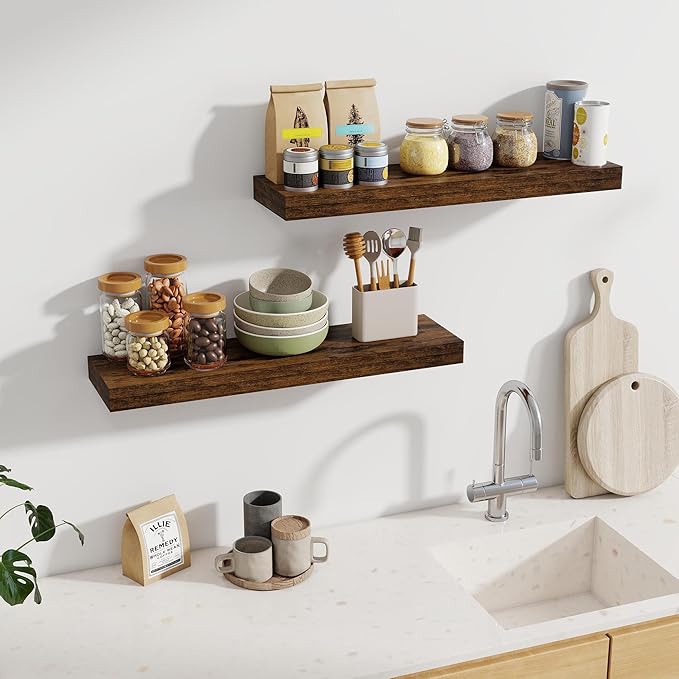 Fun Memories 30Inch Floating Shelves for Wall, 2 Pack Rustic Wood Shelves for Bathroom|Kitchen Wall Mounted Floating Shelf wi