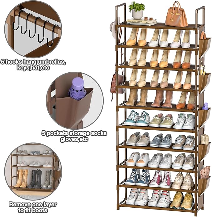 LUKYTOWER Tall Shoe Rack - 10 Tier Organizer for Closet, 30-35 Pairs, Large Capacity with 5 Hooks and Side Pocket, Sturdy Met