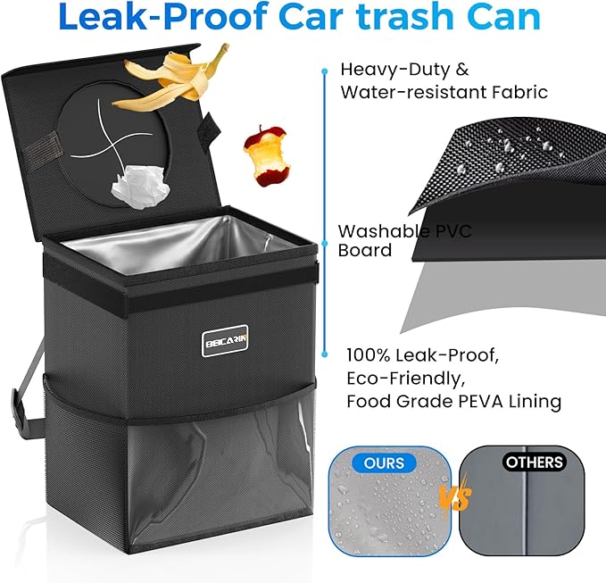 Beicarin Car Trash Can with Lid - Trash Bag Hanging with Storage Pockets Leak-Proof Organizer Collapsible and Portable Waterproof Garbage Bin, 2.2 Gallons Multipurpose Trash Bin for Car