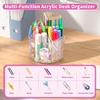 Wawocs Acrylic Pencil Organizer for Desk 4 Compartments with Adhesive DIY Sticker, Rotating Art Supply Organizer with Kawaii 