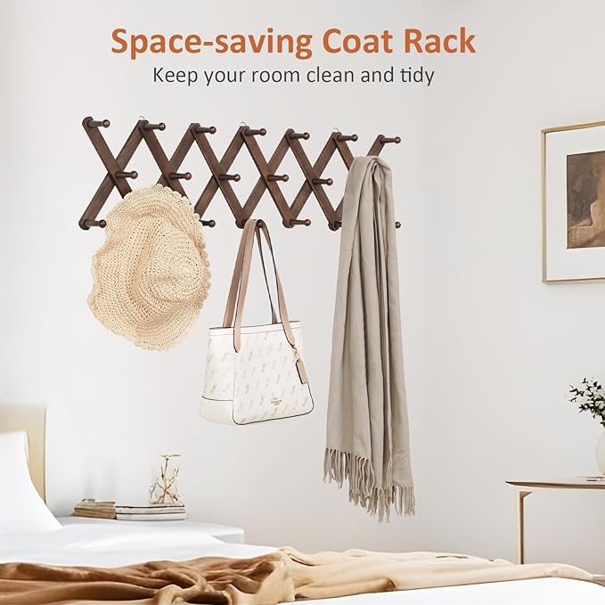 Accordion Wall Hanger, Hat Rack for Wall with 20 Coat Hooks, Expandable Hat Hangers Organizer, Vintage Decorative Coat Rack W