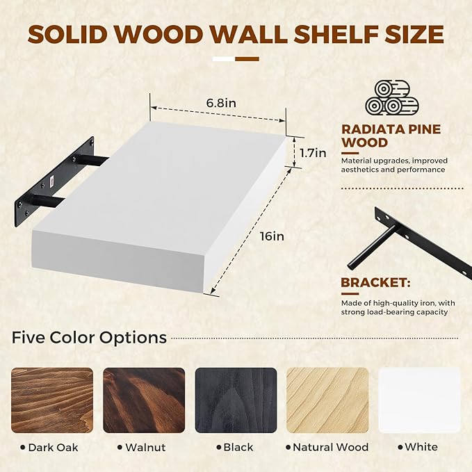 Floating Wall Shelf 16x6.8x1.7 Inch – Solid Wood Shelf in White Finish – Wall Mounted Rustic Display Organizer for Bathroom, 