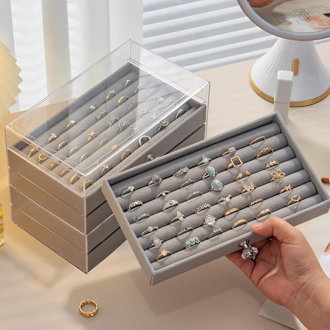 SPAKOWN Ring Box Display Holder, Clear Velvet Jewelry Storage Tray Organizer for Ring Stud Earring (Grey - 5 Drawers)