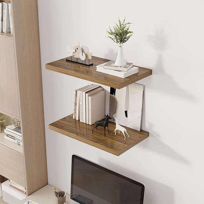 Dreamland 24" Floating Shelves for Wall, 12" Deep Slim Walnut Floating Shelves, Wall-Mounted Shelves for Bedroom, Living Room