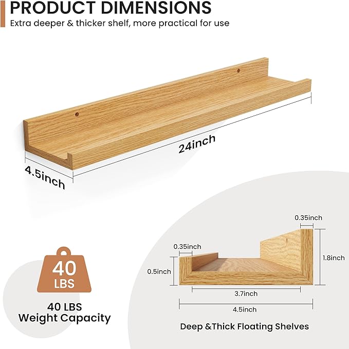 Fun Memories Picture Ledge Shelves Set of 2, 24 Inch Rustic Wall Mounted Floating Shelves with Lip for Home Storage and Décor