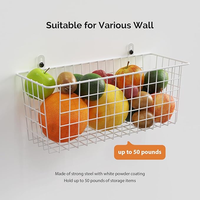 MaraFansie Wire Basket 4-Pack [Extra Large] Hanging Wall Organizer Cabinet Storage Basket Wall Mounted Shelves Rustic Farmhou