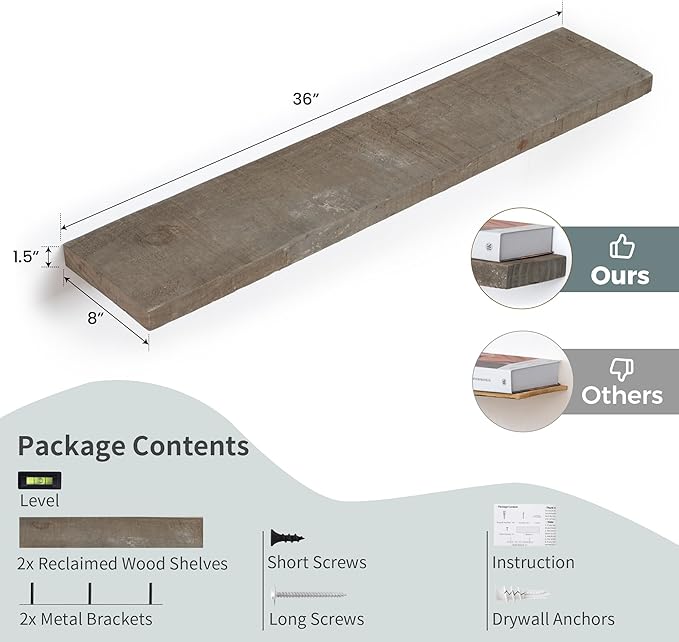 Floating Shelves | 8" Deep Rustic Reclaimed Barnwood Wall Hanging Shelves with Invisible Heavy-Duty Metal Bracket | Wall Moun